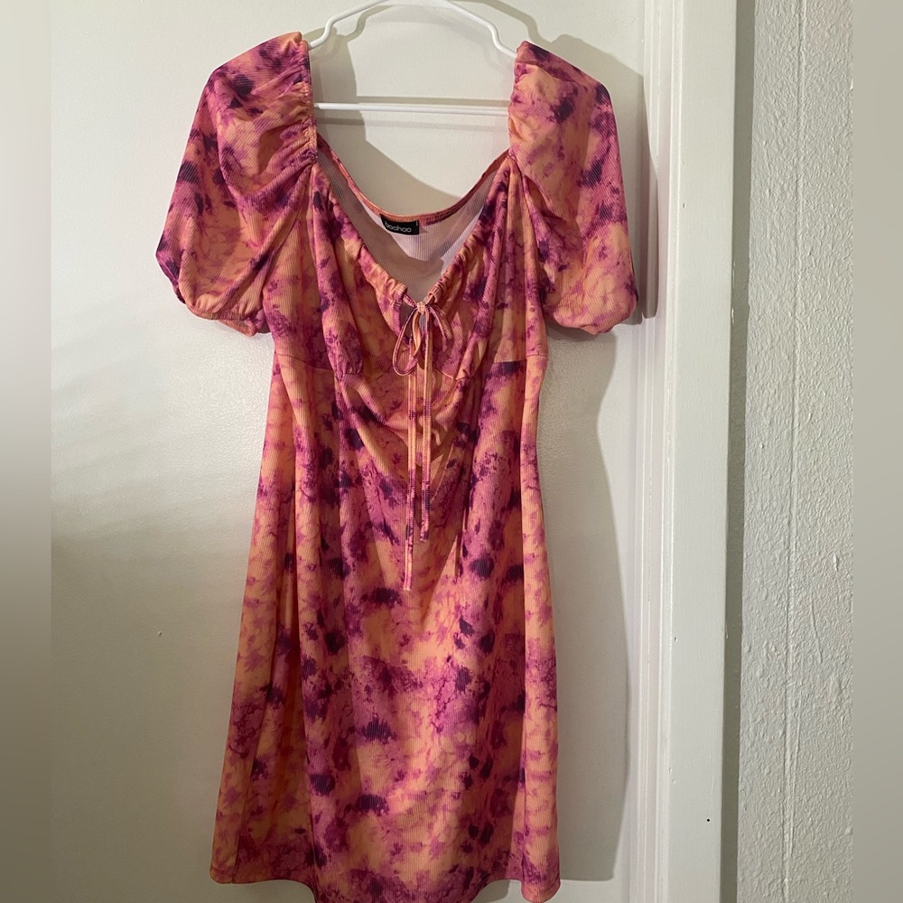 Boohoo pink peach, hot pink ribbed off the shoulder, mini dress